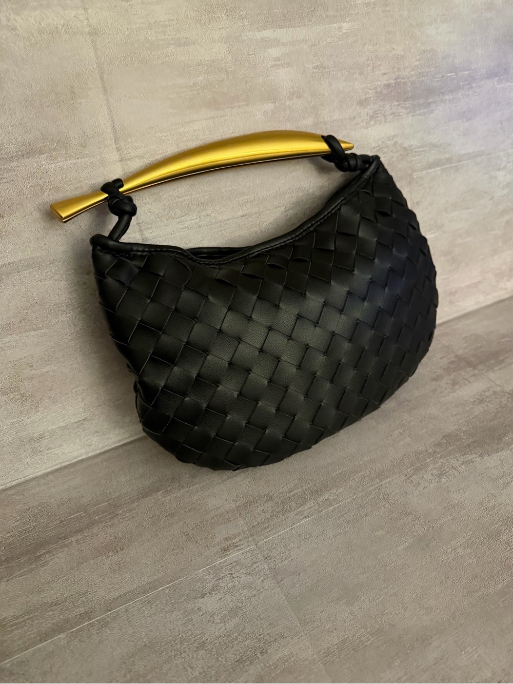Black Woven Faux Leather with Top Gold Handle - Picture 2 of 9